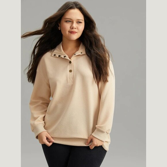 BloomChic Apricot Plisse Lapel Collar Button Up Sweatshirt - Picture 1 of 7